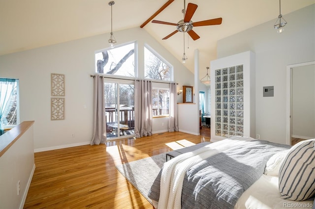 bedroom with ceiling fan, high vaulted ceiling, light hardwood / wood-style floors, access to outside, and beamed ceiling