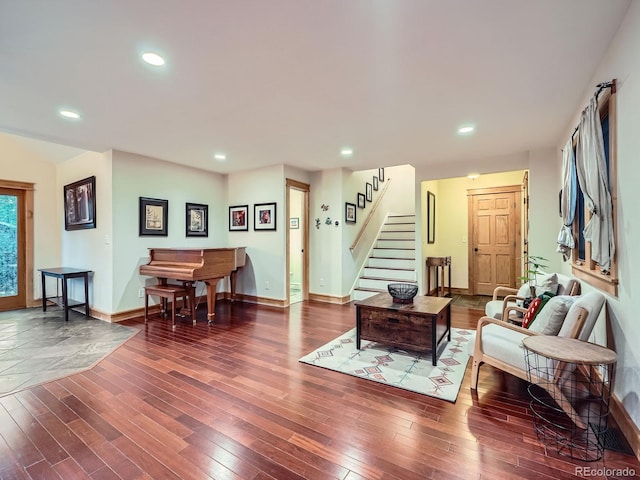 845 Urban St, Lakewood, CO 80401 - living room with hardwood / wood-style flooring, stairway, recessed lighting, and baseboards