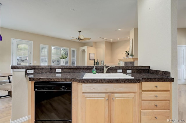 kitchen featuring dishwasher, ceiling fan, light brown cabinets, sink, and kitchen peninsula