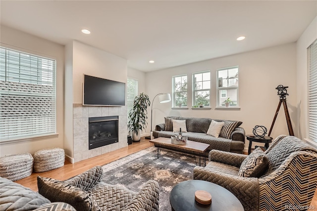 living room featuring hardwood / wood-style flooring, a fireplace, and plenty of natural light