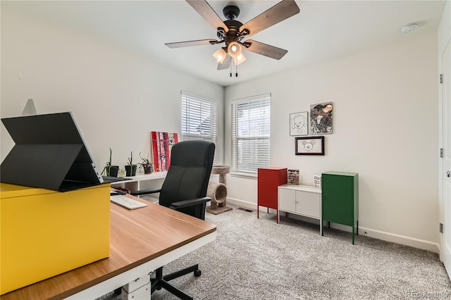 office area featuring ceiling fan and carpet flooring