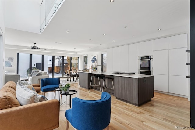 living room with light hardwood / wood-style floors and ceiling fan