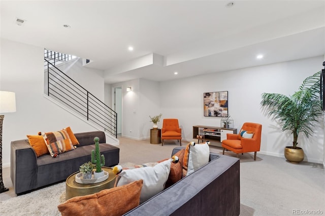 living room with light carpet