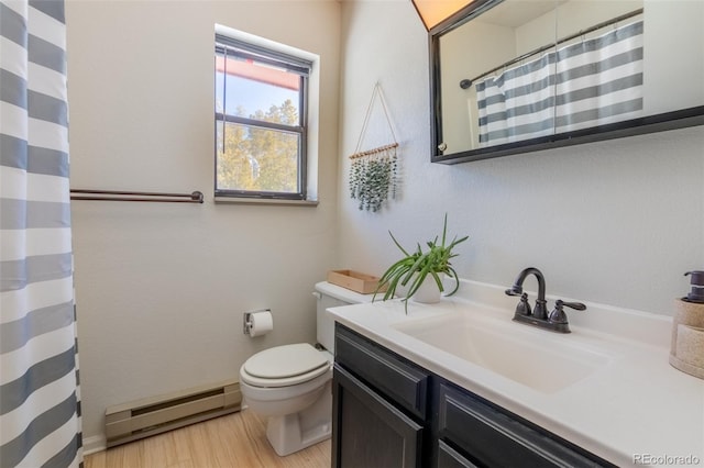 bathroom featuring toilet, a shower with curtain, a baseboard radiator, wood finished floors, and vanity