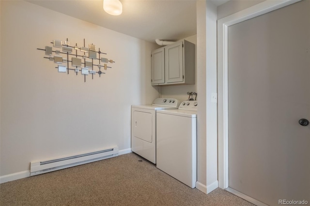 laundry area with light carpet, a baseboard radiator, washing machine and clothes dryer, and cabinet space