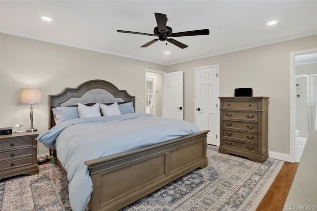 9356 W Geddes Pl, Littleton, CO 80128 - bedroom featuring light wood-style floors, recessed lighting, ornamental molding, ceiling fan, and ensuite bathroom
