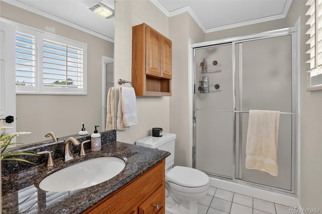 9356 W Geddes Pl, Littleton, CO 80128 - bathroom featuring a shower stall, vanity, crown molding, and tile patterned floors