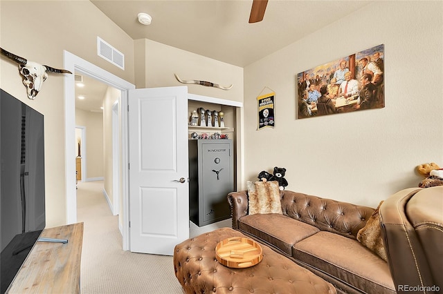 18059 French Creek Ave, Parker, CO 80134 - living room featuring light carpet, a ceiling fan, and visible vents