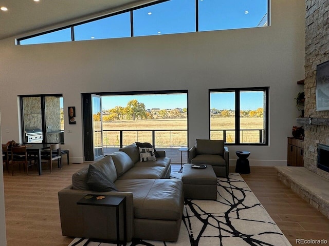 living room with a fireplace and plenty of natural light