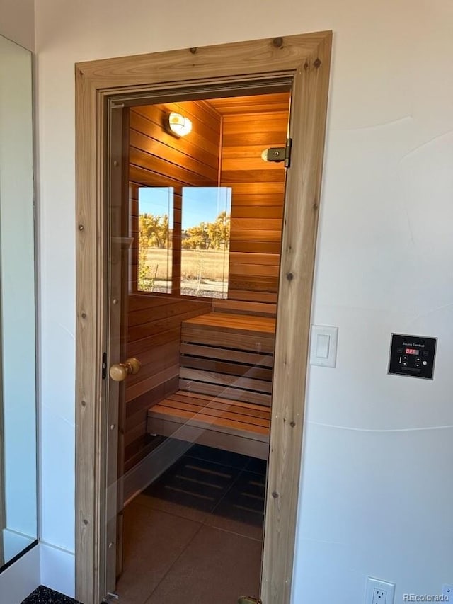 view of sauna with tile patterned flooring