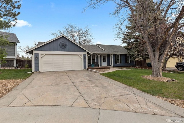 20908 E Dorado Cir, Centennial, CO 80015 - single story home with a garage, a front lawn, concrete driveway, and board and batten siding