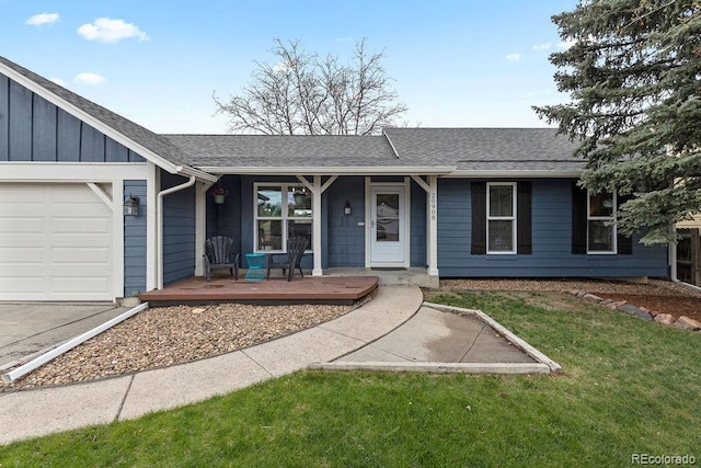 20908 E Dorado Cir, Centennial, CO 80015 - ranch-style home with a porch, roof with shingles, an attached garage, and a front yard