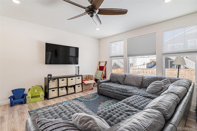 living room featuring ceiling fan and wood-type flooring