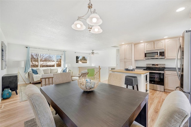 dining room with light hardwood / wood-style floors and a textured ceiling