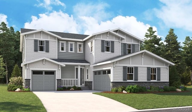 craftsman house featuring stone siding, an attached garage, concrete driveway, and a front lawn