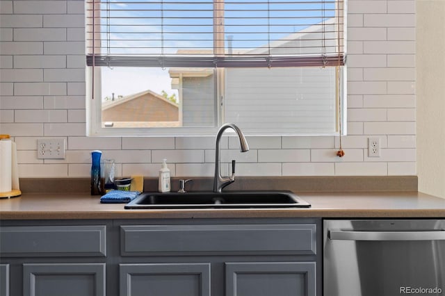 2430 E 109th Dr, Northglenn, CO 80233 - kitchen with dishwasher, gray cabinetry, and decorative backsplash
