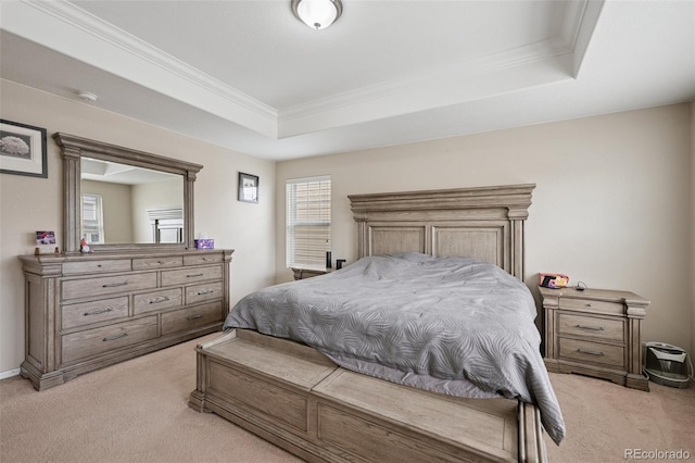 19760 W 59th Dr, Golden, CO 80403 - bedroom featuring light colored carpet, a raised ceiling, and crown molding