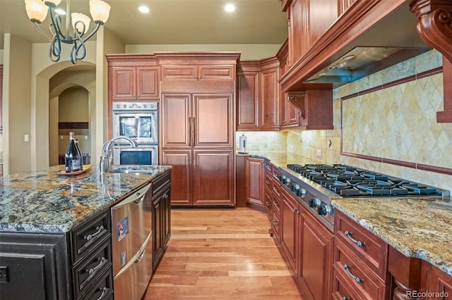 kitchen featuring appliances with stainless steel finishes, backsplash, premium range hood, light hardwood / wood-style flooring, and sink