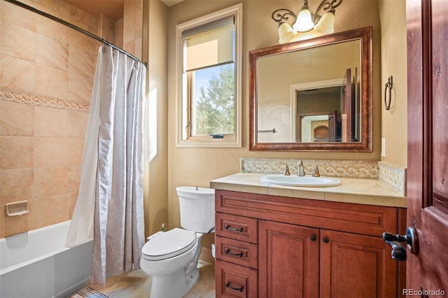 full bathroom with toilet, shower / bath combination with curtain, tile patterned floors, and vanity