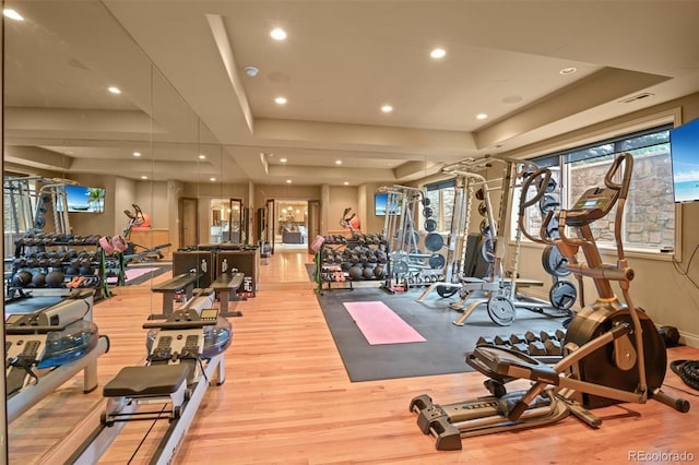 exercise room featuring light hardwood / wood-style flooring and a raised ceiling