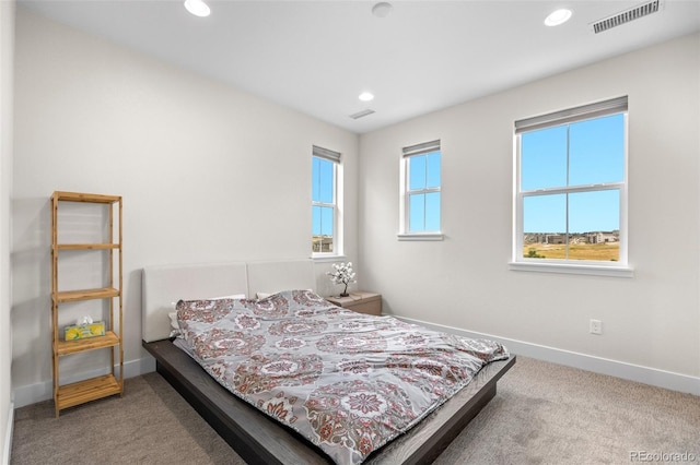 bedroom with multiple windows and carpet