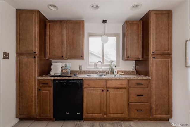 916 Florence St, Aurora, CO 80010 - kitchen featuring dishwasher, brown cabinetry, decorative light fixtures, and light tile patterned flooring