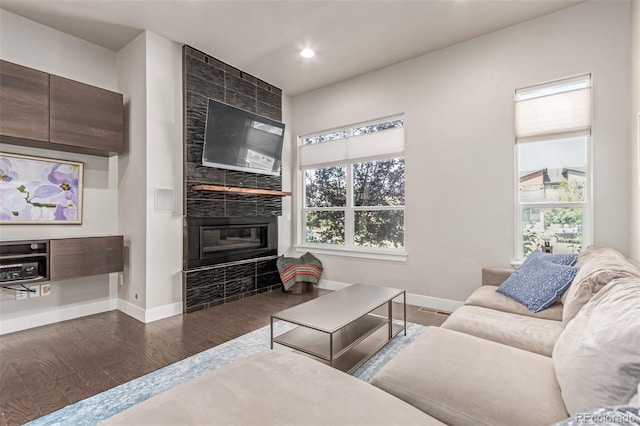 5834 Beeler Ct, Denver, CO 80238 - living room with a fireplace, wood finished floors, and recessed lighting