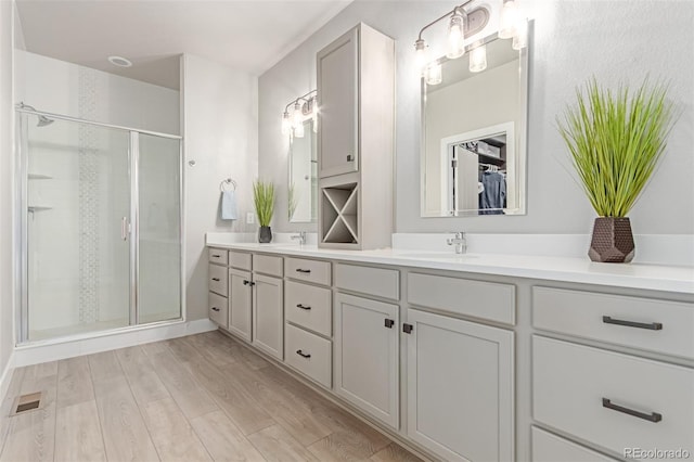 5834 Beeler Ct, Denver, CO 80238 - bathroom featuring double vanity, a stall shower, wood finished floors, and a walk in closet