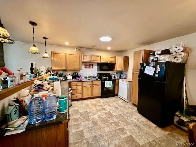 kitchen featuring decorative light fixtures, black appliances, and light tile floors