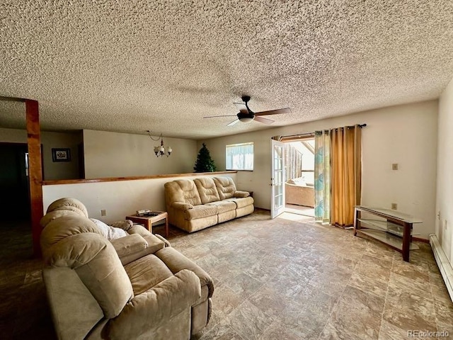 tiled living room with a textured ceiling, ceiling fan, and baseboard heating