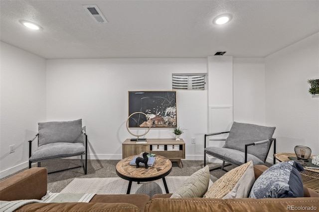 living area featuring carpet, a textured ceiling, visible vents, and baseboards