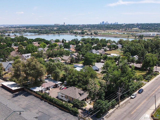 drone / aerial view with a water view