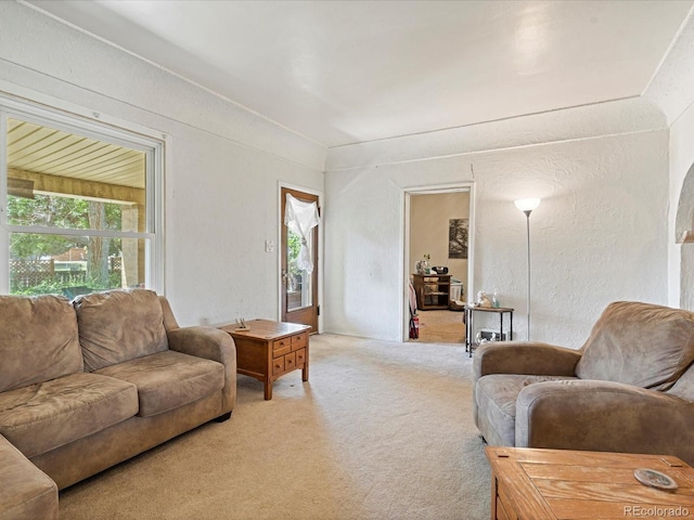 living room featuring a wealth of natural light, light colored carpet, and a textured wall