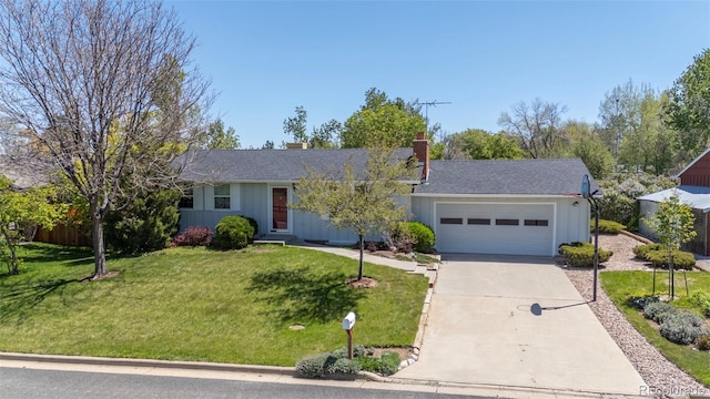 1322 Wicklow St, Boulder, CO 80303 - ranch-style home featuring concrete driveway, a garage, a front lawn, a chimney, and board and batten siding
