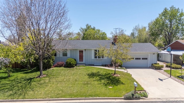1322 Wicklow St, Boulder, CO 80303 - single story home featuring concrete driveway, an attached garage, a chimney, board and batten siding, and a front lawn