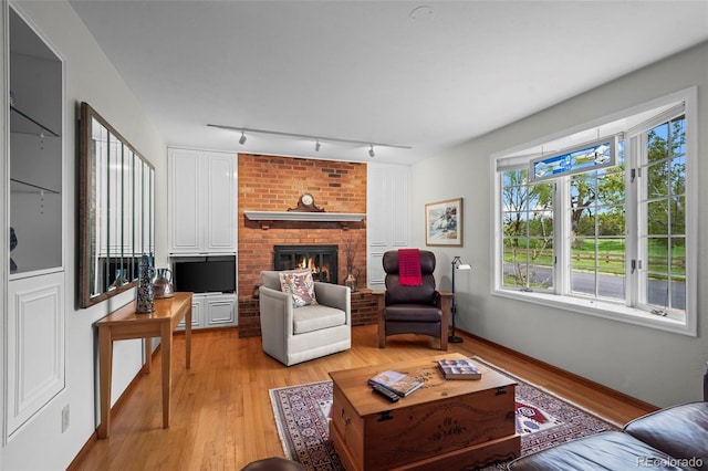 1322 Wicklow St, Boulder, CO 80303 - living room with track lighting, light wood-style flooring, a fireplace, and baseboards