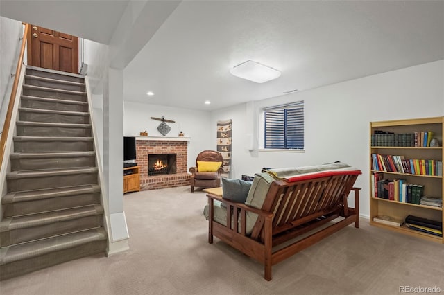 1322 Wicklow St, Boulder, CO 80303 - carpeted living room with stairway, recessed lighting, and a fireplace