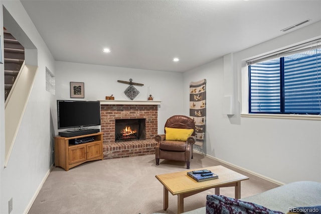 1322 Wicklow St, Boulder, CO 80303 - living area featuring light carpet, a brick fireplace, baseboards, recessed lighting, and stairway