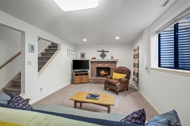 1322 Wicklow St, Boulder, CO 80303 - carpeted living area with stairway, healthy amount of natural light, a brick fireplace, recessed lighting, and baseboards