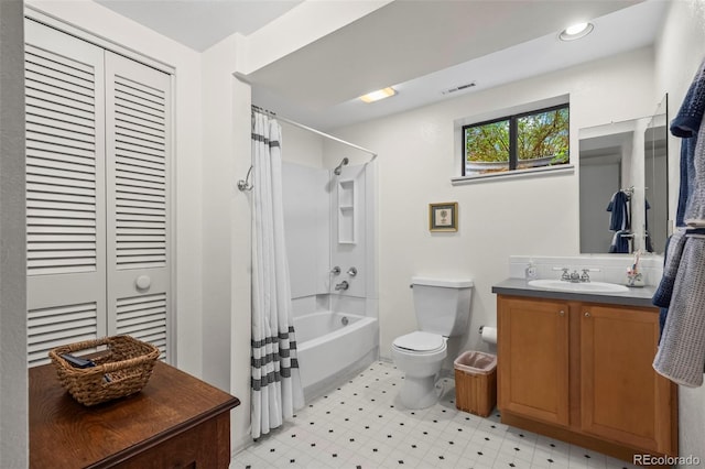 1322 Wicklow St, Boulder, CO 80303 - full bath with vanity, tile patterned floors, toilet, and shower / tub combo with curtain