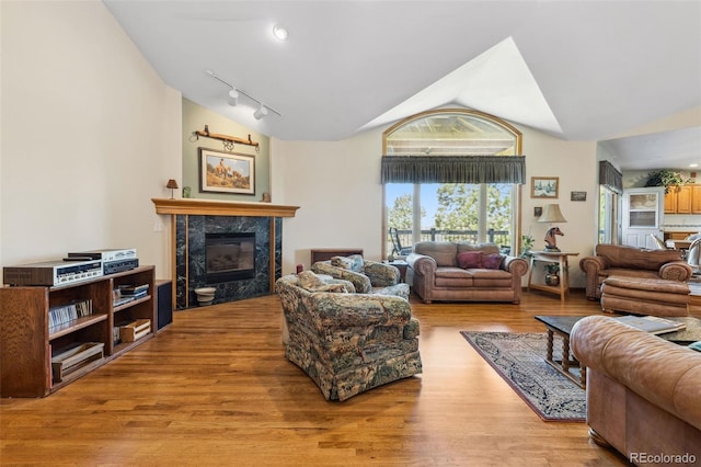 living room with lofted ceiling, a fireplace, light wood-style flooring, and track lighting