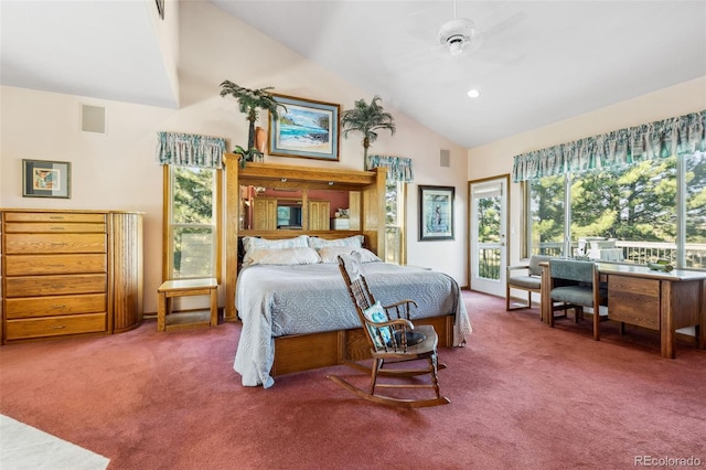 carpeted bedroom featuring high vaulted ceiling, visible vents, and recessed lighting