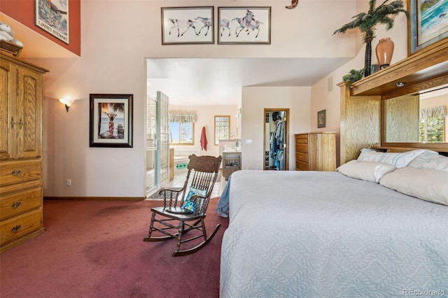 bedroom with carpet floors, a spacious closet, and baseboards