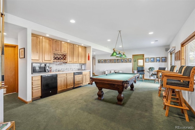 playroom with dark colored carpet, pool table, recessed lighting, and wet bar
