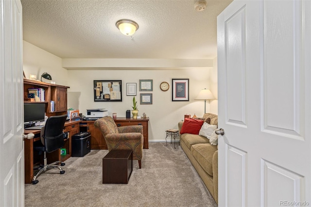 carpeted office space with a textured ceiling