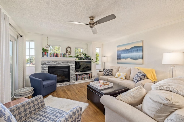 living room featuring crown molding, a textured ceiling, light wood-type flooring, and a fireplace