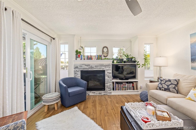 living room featuring a textured ceiling, a fireplace, hardwood / wood-style flooring, and plenty of natural light