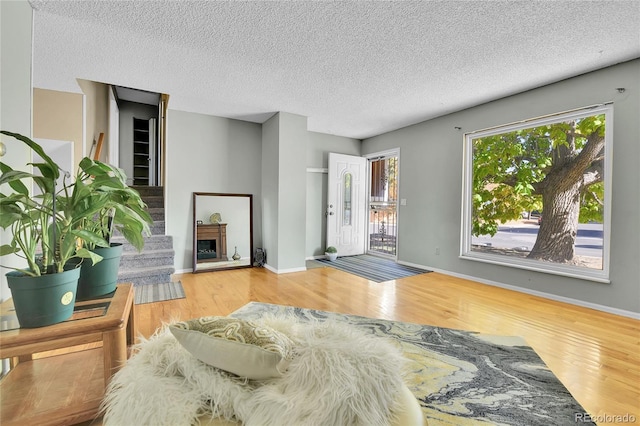 living room with wood-type flooring and a textured ceiling