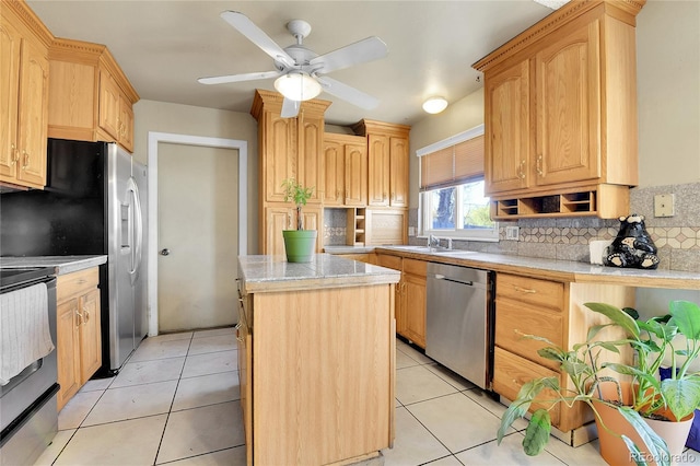 17769 E Iowa Dr, Aurora, CO 80017 - kitchen with stainless steel appliances, a sink, a kitchen island, backsplash, and light countertops