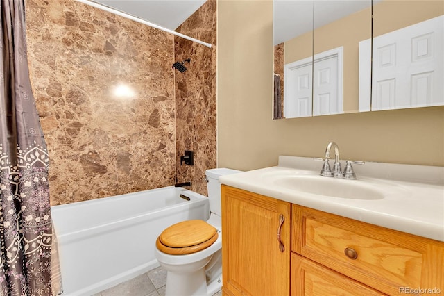 full bathroom with vanity, tile patterned floors, toilet, and shower / tub combo with curtain